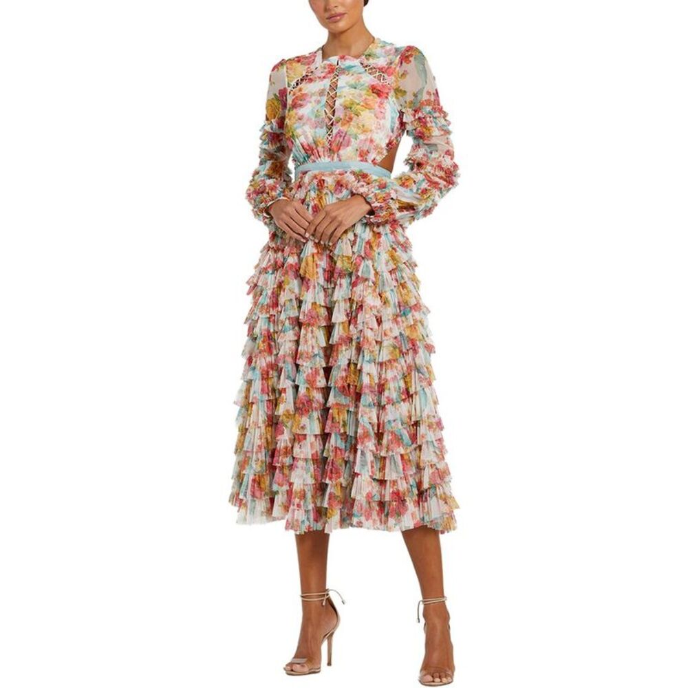 Mac Duggal Womens  Mesh Long Sleeve Ruffle Criss Cross Midi Dress, White